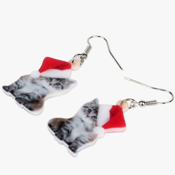 Yellow Tabby Marmalade Kitten Christmas Earrings Santa Hat Kittens Kitty Cat New - Picture 6 of 6